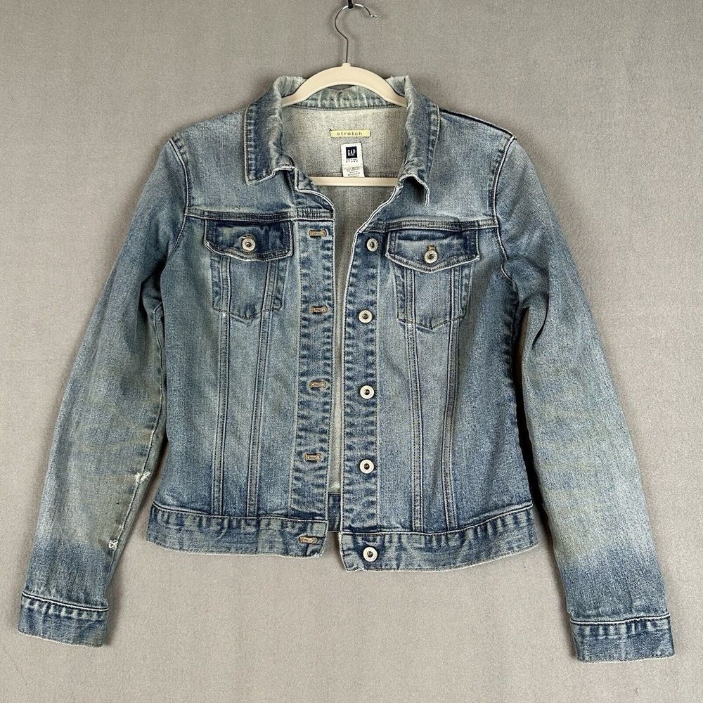 VTG Gap Denim Trucker Jacket Womens S Donut Buttons Fade Whiskering Stretch Y2K